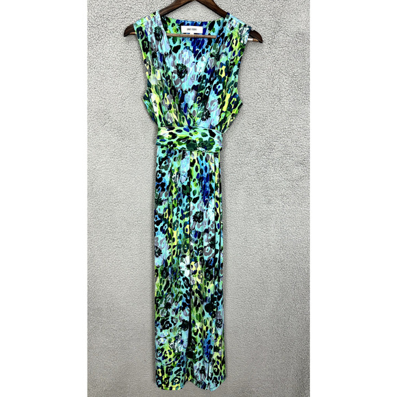 Jones Studio Babydoll Maxi Dress Women Large Green Animal Floral Belted Boho Y2K - Picture 1 of 6